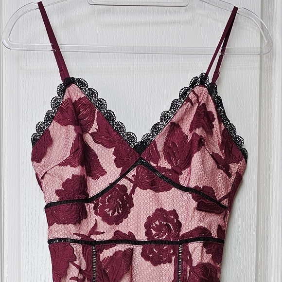 Lulus Alluring Dream Burgundy Floral Mesh Lace Trumpet Midi Dress Red - Picture 8 of 14